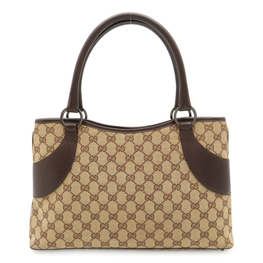 GUCCI GG Canvas Tote Bag Shoulder Leather Beige Dark Brown 113015